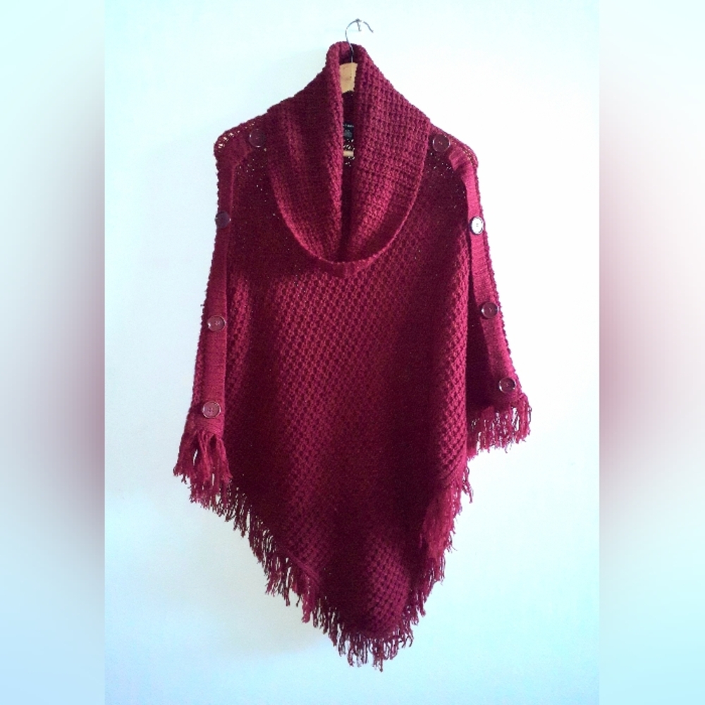 Knit Cowl-neck Poncho Shawl with buttons and fringe